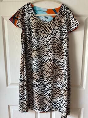 Chico’s Reversible Leopard Floral Shift Dress Split Sleeve Petite Size 0P Resort